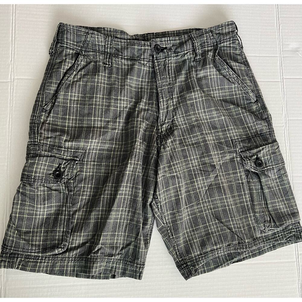 Modern Culture Men’s Plaid Black Green Cargo Zip Fly Belt Loop Cotton Shorts‎ 32